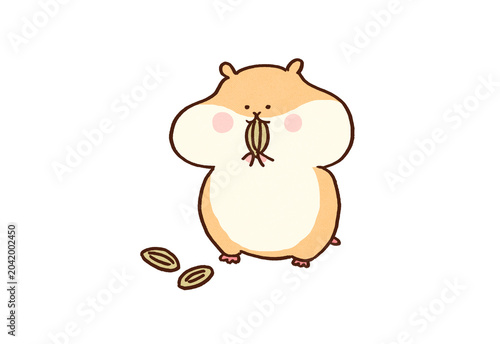 Fotografi Hamster stuffing its cheeks with sunflower seeds, appetite and storing food conc