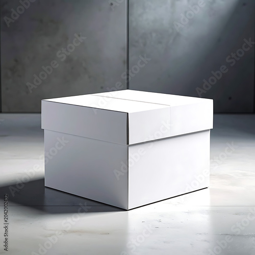 Blank white square gift box mockup for branding and design, with soft light and shadows on a textured surface