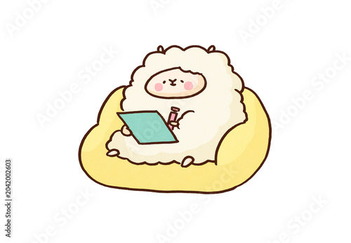 Tableau sur toile Sheep sitting on a sofa with a binder and pen listening with a gentle expression