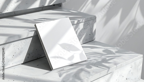 Blank white square canvas leaning on a textured concrete step, casting soft shadows from foliage, minimalist clean presentation space