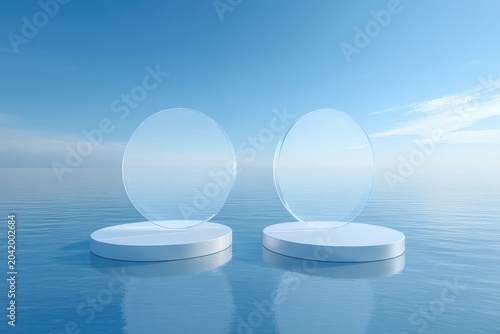 Two glass podiums on sea surface texture blue background. Pedestal display and water waves pattern for beauty, spa, cosmetic summer product present. Blank scene presentation platform mockup. 3D stand