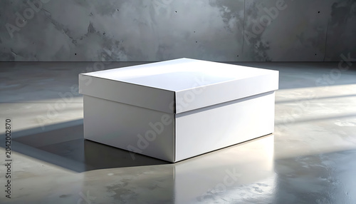 Blank white square gift box with lid closed sitting on a concrete floor, strong directional light casting a shadow, studio product shot