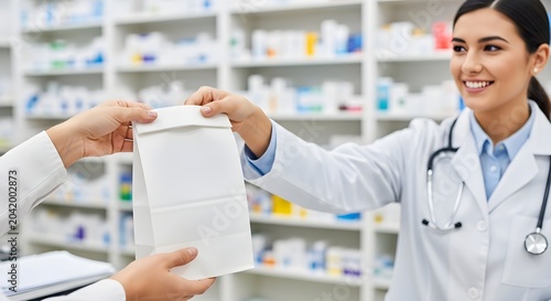 Pharmacist handing prescription bag to customer at pharmacy counter with shelves of medicine in background