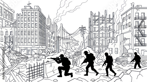 Cuadro en lienzo Soldiers in silhouette advancing through destroyed city street with smoke and ru