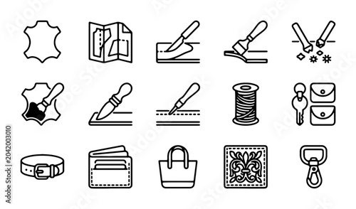 Tableau sur toile Leather Crafting Icons Set: Tools, Materials, and Products for Handmade Goods