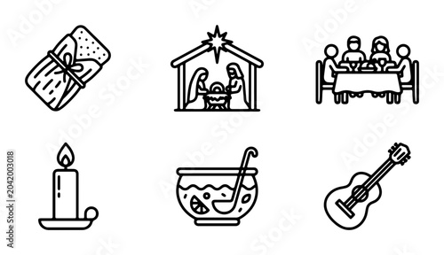 Photos Christmas Icons Set: Nativity, Tamale, Family Dinner, Candle, Punch, Guitar