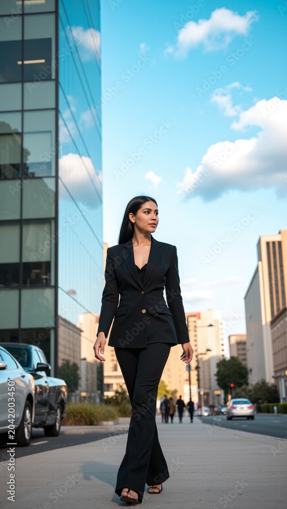 Obraz premium Confident Hispanic Female Executive Walking Outside Modern Glass Office