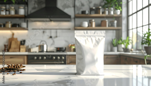 Blank white stand-up pouch bag with coffee beans on a marble countertop in a modern kitchen setting, product mockup for food packaging design