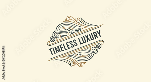 Elegant Vintage Emblem with Timeless Luxury Text and Ornate Swirls.