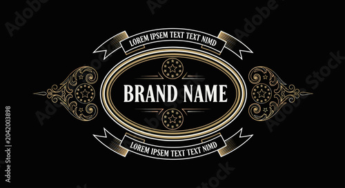 Elegant Vintage Brand Name Label Design with Ornate Gold Accents.