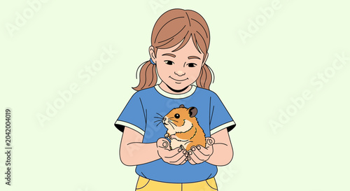 Young girl holds small hamster in hands against a soft background