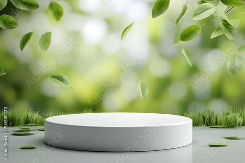 White concrete round podium, green flying leaves nature background. Scene stage showcase for organic cosmetic product, promotion sale, eco banner presentation. Stand empty cylinder platform cylinder