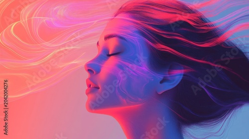 Neon woman's profile, abstract glowing swirls, studio shot