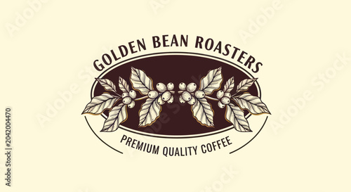 Tableau sur toile Golden Bean Roasters Premium Quality Coffee Logo Design.