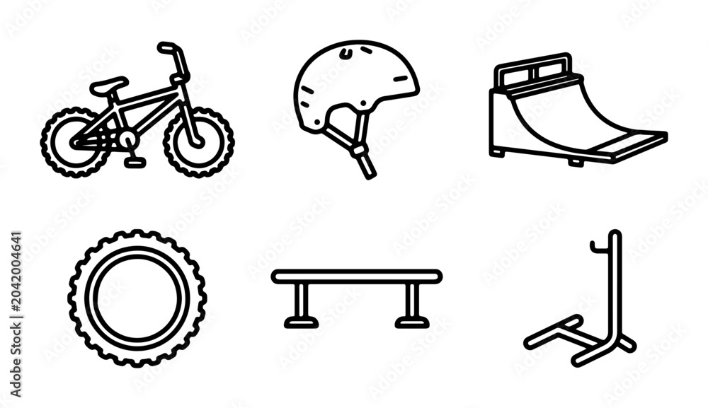Fototapeta premium BMX Bike, Helmet, Ramp Icons: Extreme Sports Vector Set for Action Graphics
