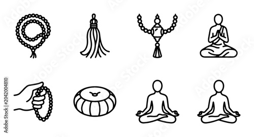 Billede på lærred Meditation Icons Set: Prayer Beads, Tassel, Zen Figures, Cushion, Yoga Poses