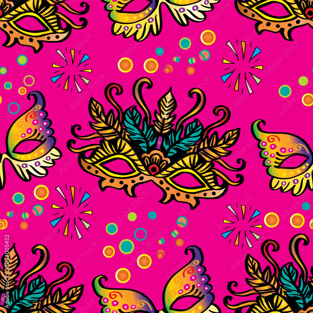 Naklejka premium Seamless pattern with carnival masks and confetti. Vector illustration.