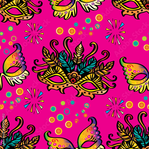 Seamless pattern with carnival masks and confetti. Vector illustration.