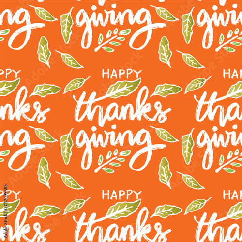 Happy Thanksgiving day hand drawn lettering. Seamless pattern. Vector illustration.