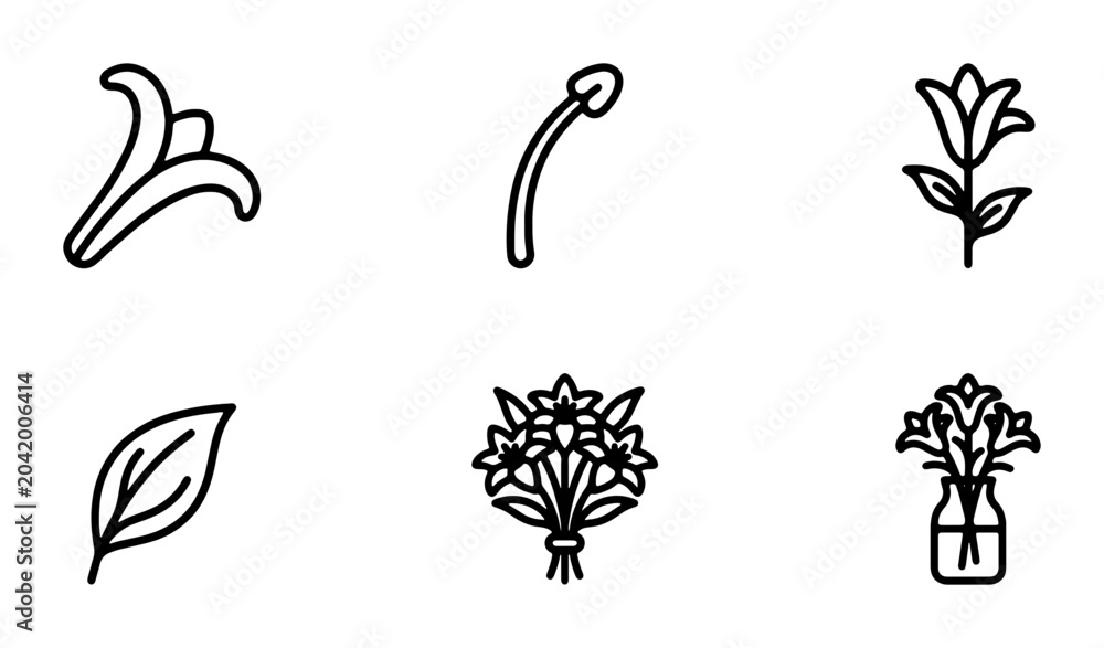 Obraz premium Elegant Floral Line Icons Set: Lily, Stem, Flower, Leaf, Bouquet, Vase - Vector Graphics