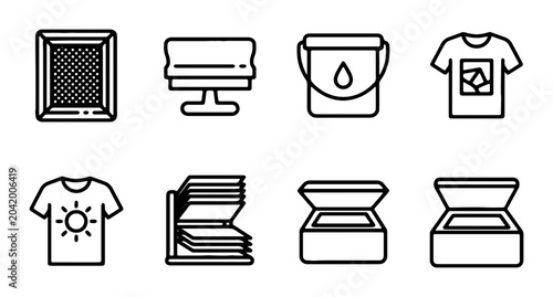 Foto Screen Printing Icons, T-Shirt Design Tools, Ink Bucket, Apparel Decoration Vect