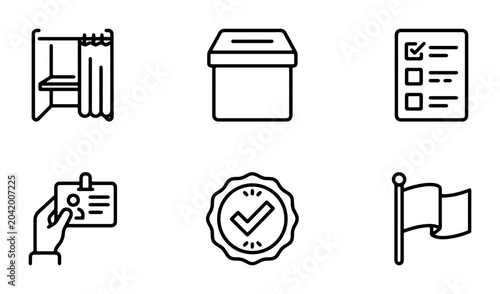 Fotografía Election Icons: Voting Booth, Ballot Box, Checklist, ID Badge, Seal, Flag Vector