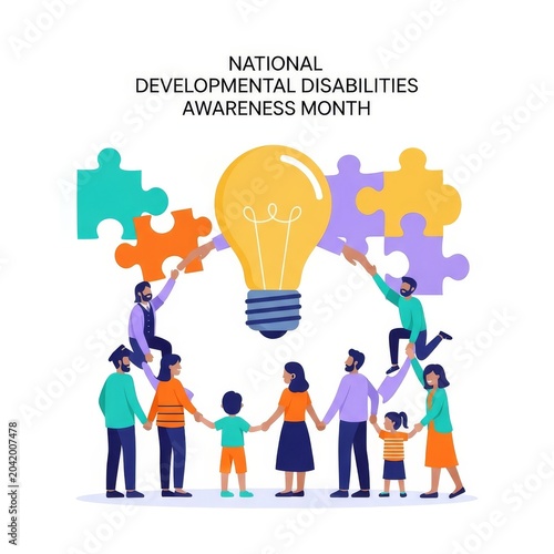 National Developmental Disabilities Awareness Month illustration with diverse people and puzzle pieces