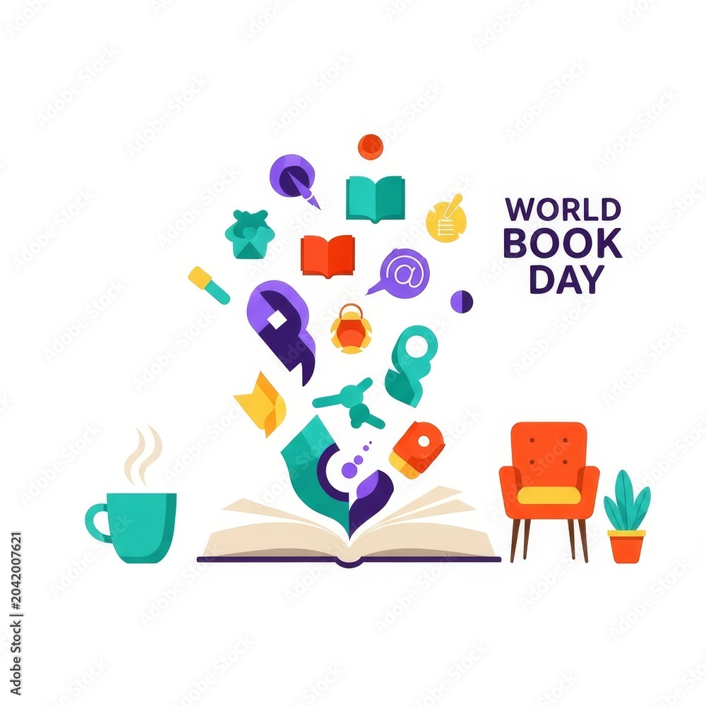 Fototapeta premium World Book Day illustration: open book with flying icons and text