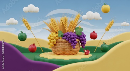 Shavuot harvest bounty illustration with fruits and wheat