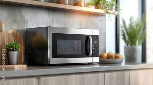 Modern stainless steel microwave on kitchen counter, plants, and potatoes; interior design