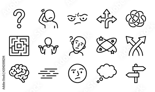 Foto Confusion Icons Set: Question Mark, Maze, Brain, Dilemma, Doubt, Vector Graphics