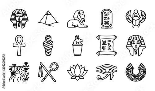 Bild auf Leinwand Ancient Egyptian Icons Set: Pharaoh, Pyramid, Sphinx, Hieroglyphs, Scarab, Ankh,