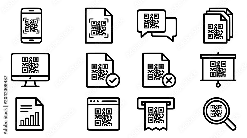 Fototapeta premium QR code icons, black line style, 12 symbols, vector graphics, web and mobile, scanning and payment, technology and communication