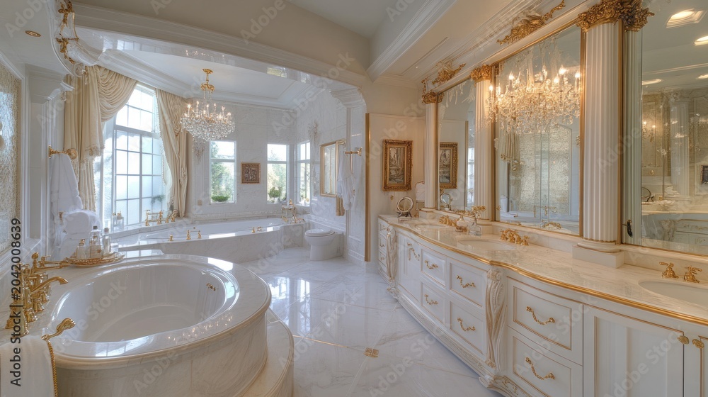 Fototapeta premium Luxurious white marble bathroom with gold accents, scenic view, opulent interior design