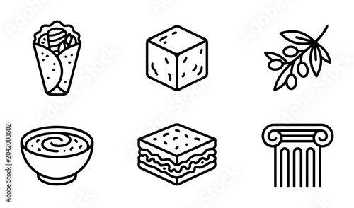 Fotografie Greek Food Icons Set: Gyro, Baklava, Olives, Dip, Cube, Column Vector Graphics