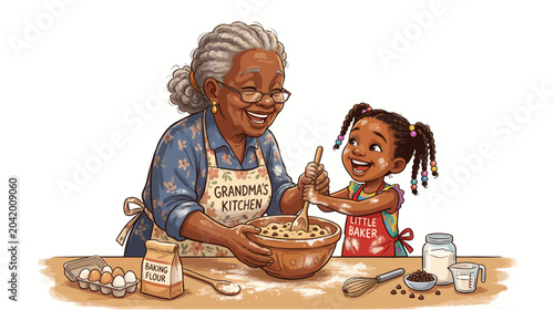 Cartoon semi-realistic illustration of black grandmother teaching cooking to child with expressive joyful interaction,  Grandparent's Day
