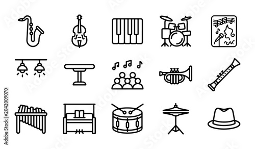 Fotografie Jazz Band Icons Set: Saxophone, Drums, Piano, Trumpet, Bass, Music Notes, Stage