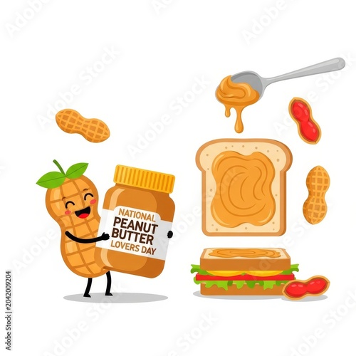 Cute peanut character with jar celebrating National Peanut Butter Lovers Day