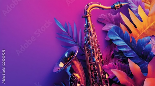 Neon Saxophone with Tropical Leaves on Purple Background