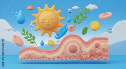 Cartoon sun and skin layers illustration for Skin Cancer Awareness Month