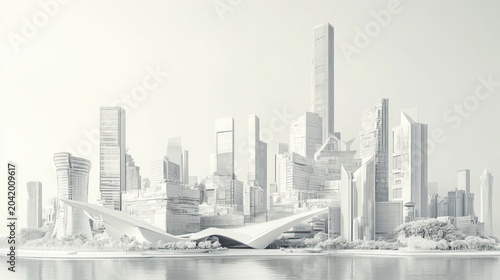 Monochrome futuristic cityscape by a river, modern architecture, tranquil scene
