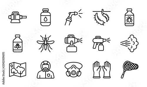 Tableau sur toile Pest Control Icons Set: Insecticide Spray, Sprayer, Mosquito, Gas Mask, Gloves,