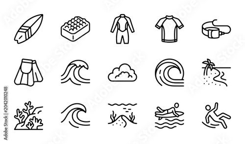 Bild auf Leinwand Surfboard, Fins, Wetsuit Icons: Ocean Waves, Beach, Surfer, Coral, Cloud, Belt,