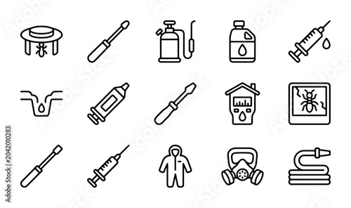 Photos Pest Control Icons Set: Extermination Tools, Sprayers, Syringes, Protective Gear