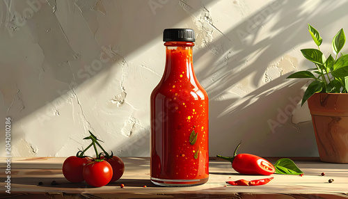 Bottle of spicy red hot sauce with chili peppers and tomatoes, natural light, rustic kitchen counter setting, culinary ingredient, flavor enhancer
