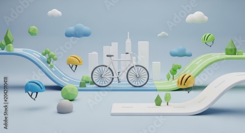3D illustration for National Bike to Work Week with bicycle and helmets