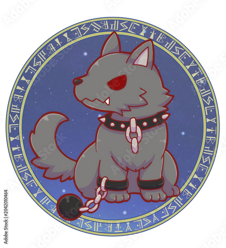 Fényképezés Authentic Hand Drawn Cute Fenrir Wolf with Magic Circle Background – Kawaii Nors