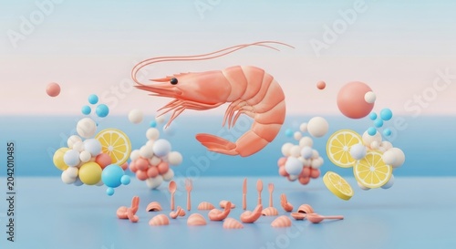 Delightful 3D illustration for National Shrimp Day with shrimp, lemons, and food icons