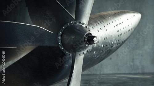 Modern propeller turbine close-up against a concrete wall
