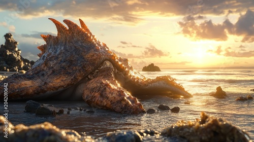 Mythical sea creature rests on beach at sunrise